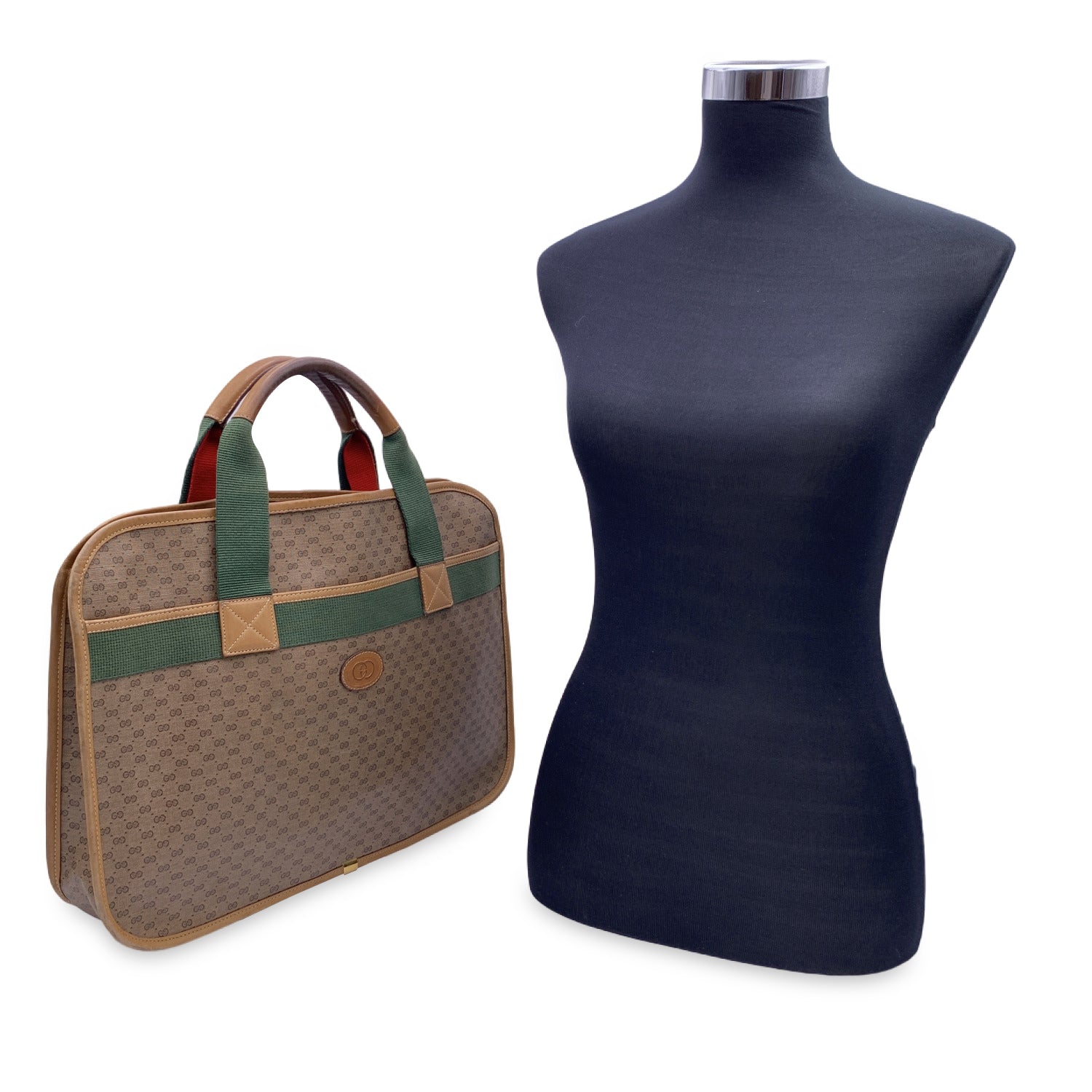 Gucci Vintage Beige Monogram Canvas Web Briefcase Handbag