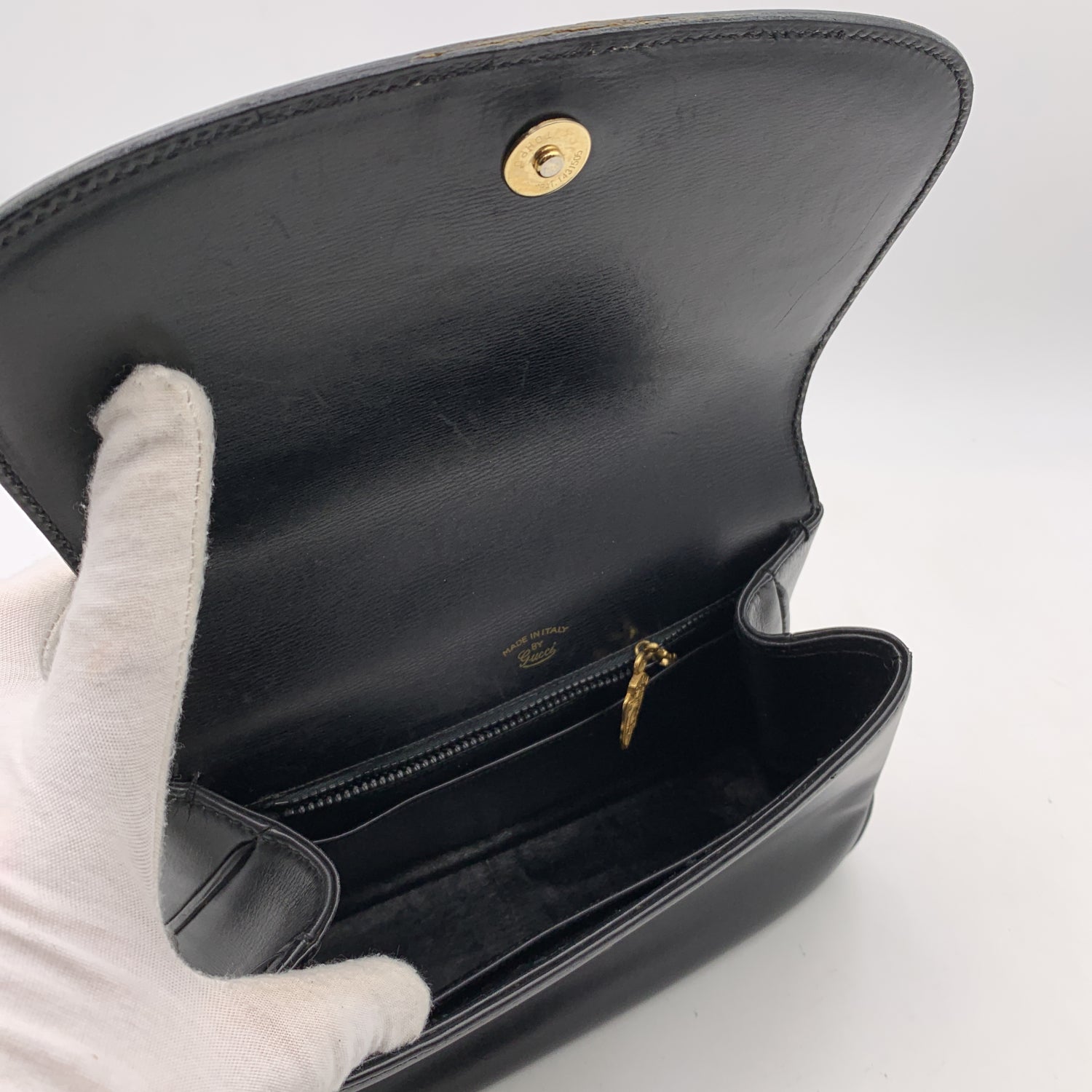 Gucci Vintage Black Leather Flap Handbag Top Handle Bag
