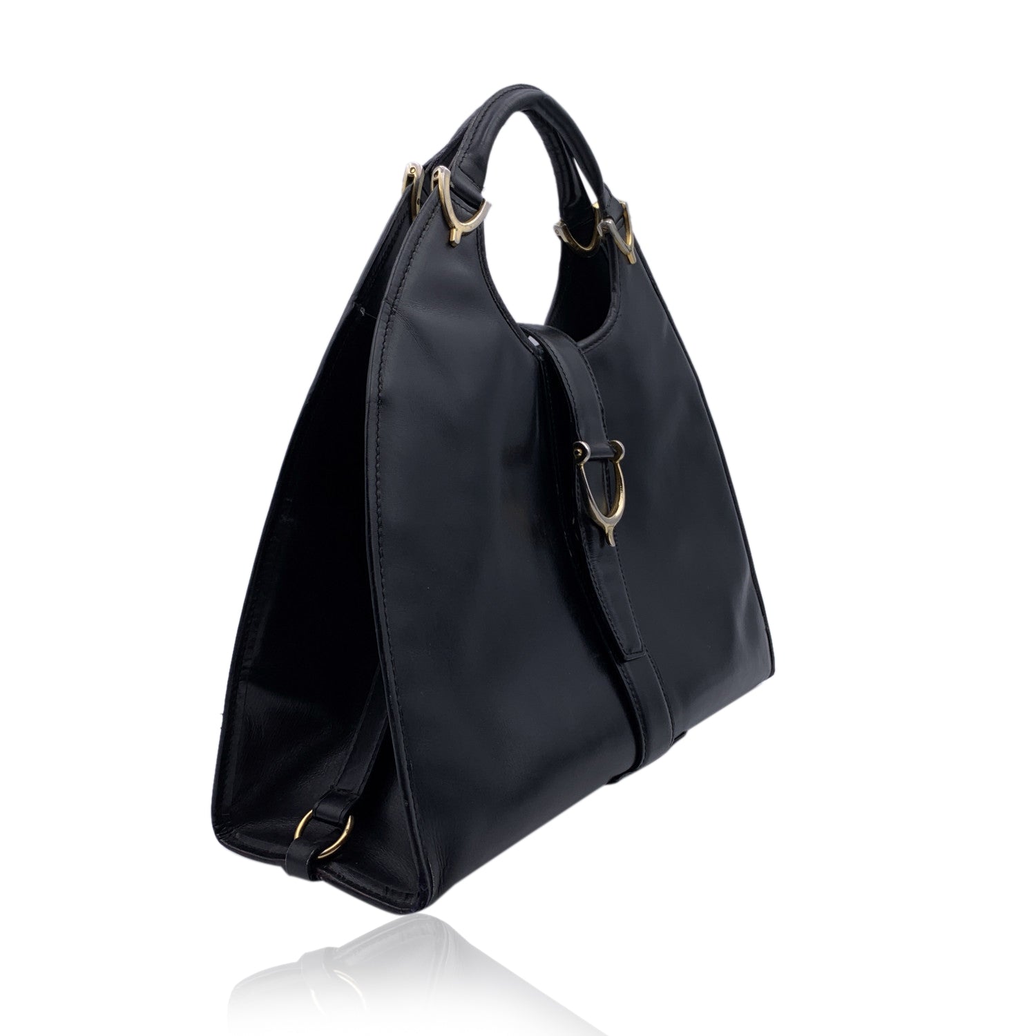 Gucci Vintage Black Leather Stirrup Hobo Bag Handbag