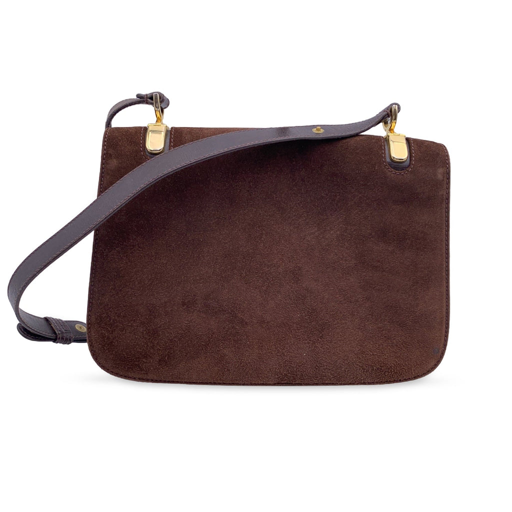 Gucci Vintage Brown Suede Flap Shoulder Bag with Enamel