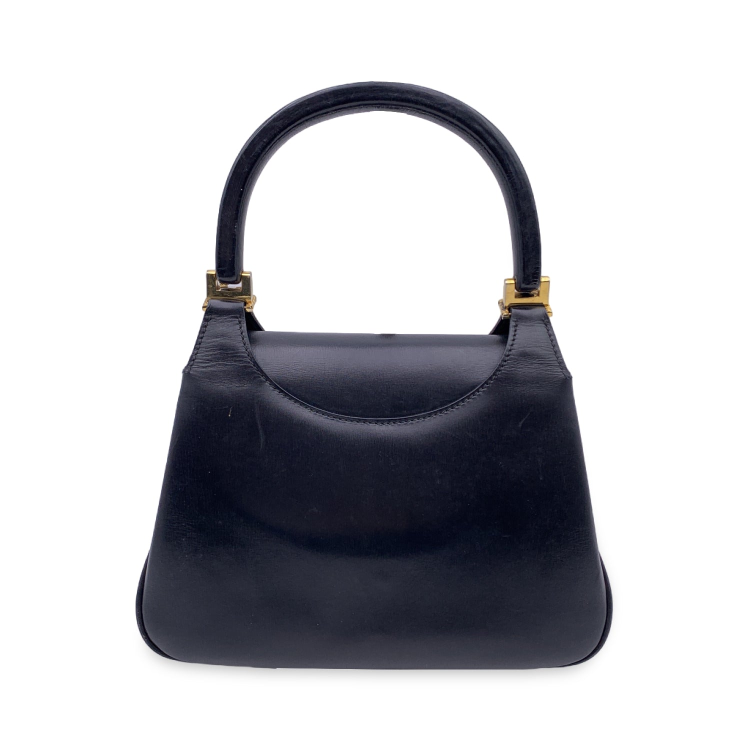 Gucci Vintage Black Leather Flap Handbag Top Handle Bag