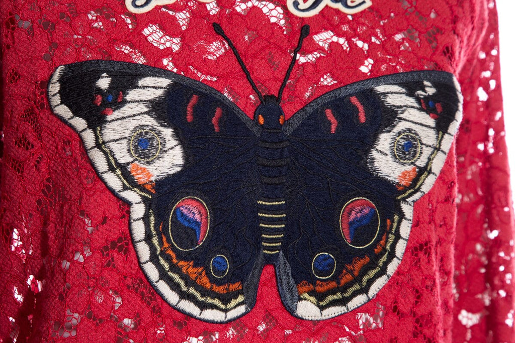 Gucci Red Lace Butterfly Embroidered Top SZ M
