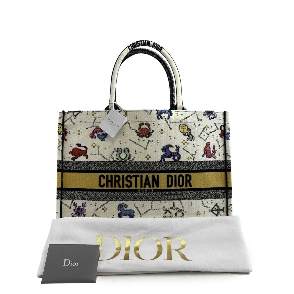 DIOR - NEW 2022 Large Pixel Zodiac Embroidered Canvas Book Tote