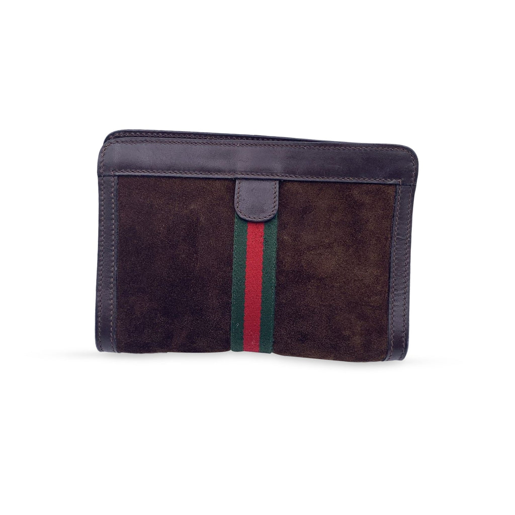 Gucci Vintage Brown Suede Cosmetic Bag Clutch Web with Stripes