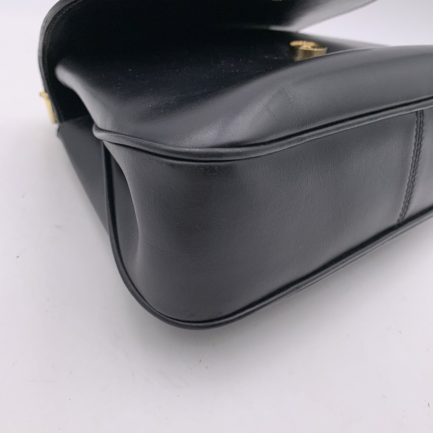 Gucci Vintage Black Leather Flap Handbag Top Handle Bag