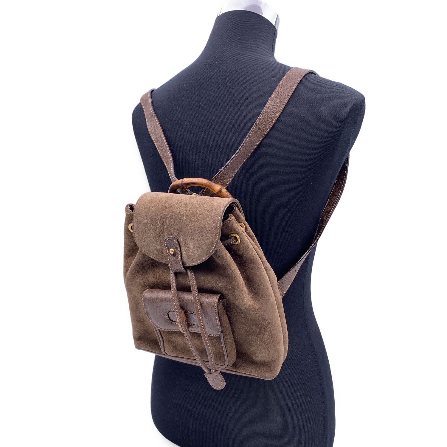 Gucci Vintage Brown Suede Bamboo Small Backpack Shoulder Bag
