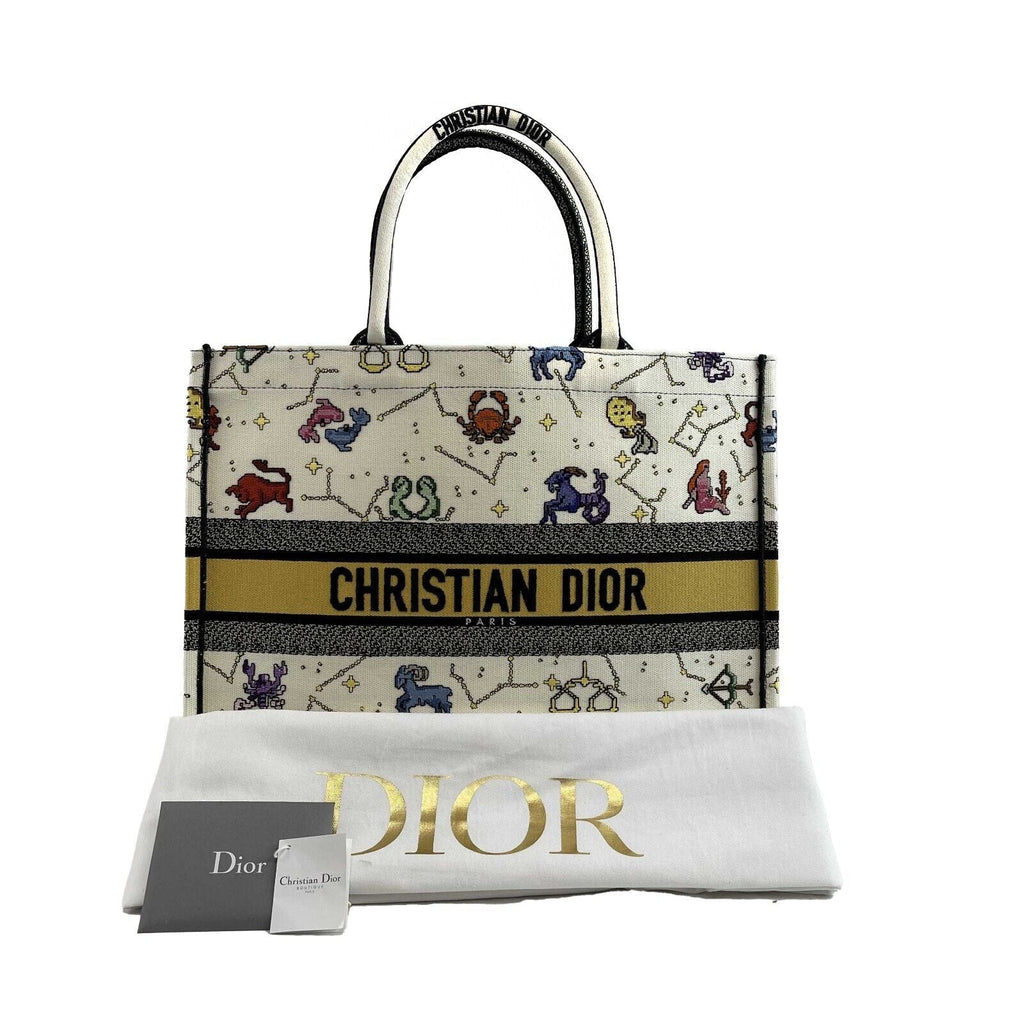 DIOR - NEW 2022 Large Pixel Zodiac Embroidered Canvas Book Tote