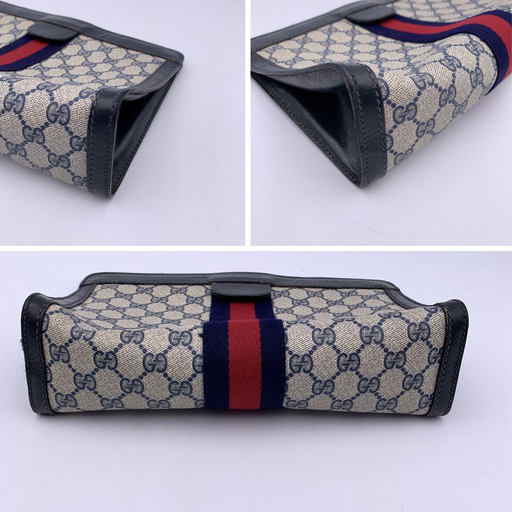 Gucci Vintage Blue Monogram Canvas Cosmetic Bag Clutch Stripes