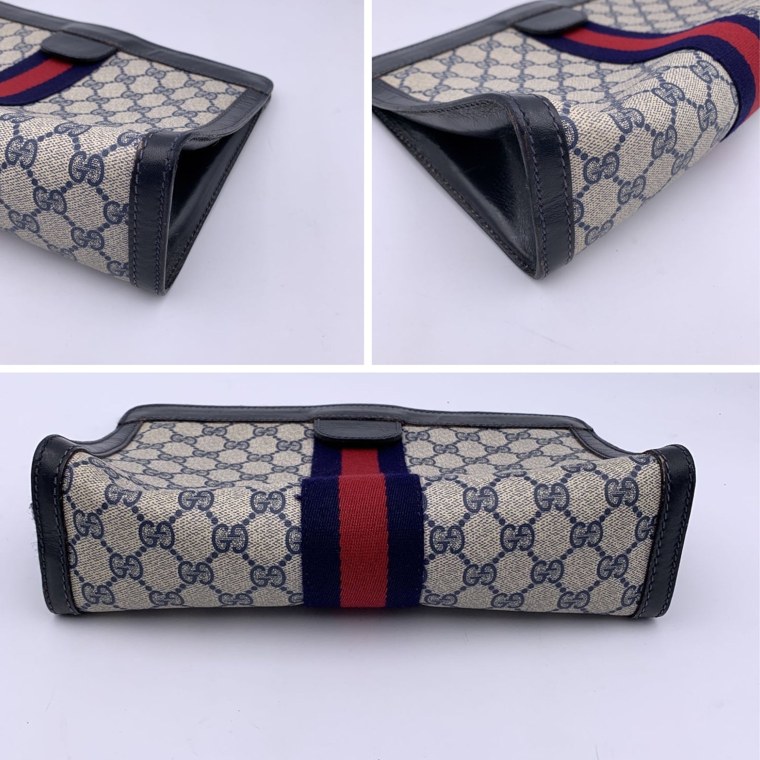 Gucci Vintage Blue Monogram Canvas Cosmetic Bag Clutch Stripes