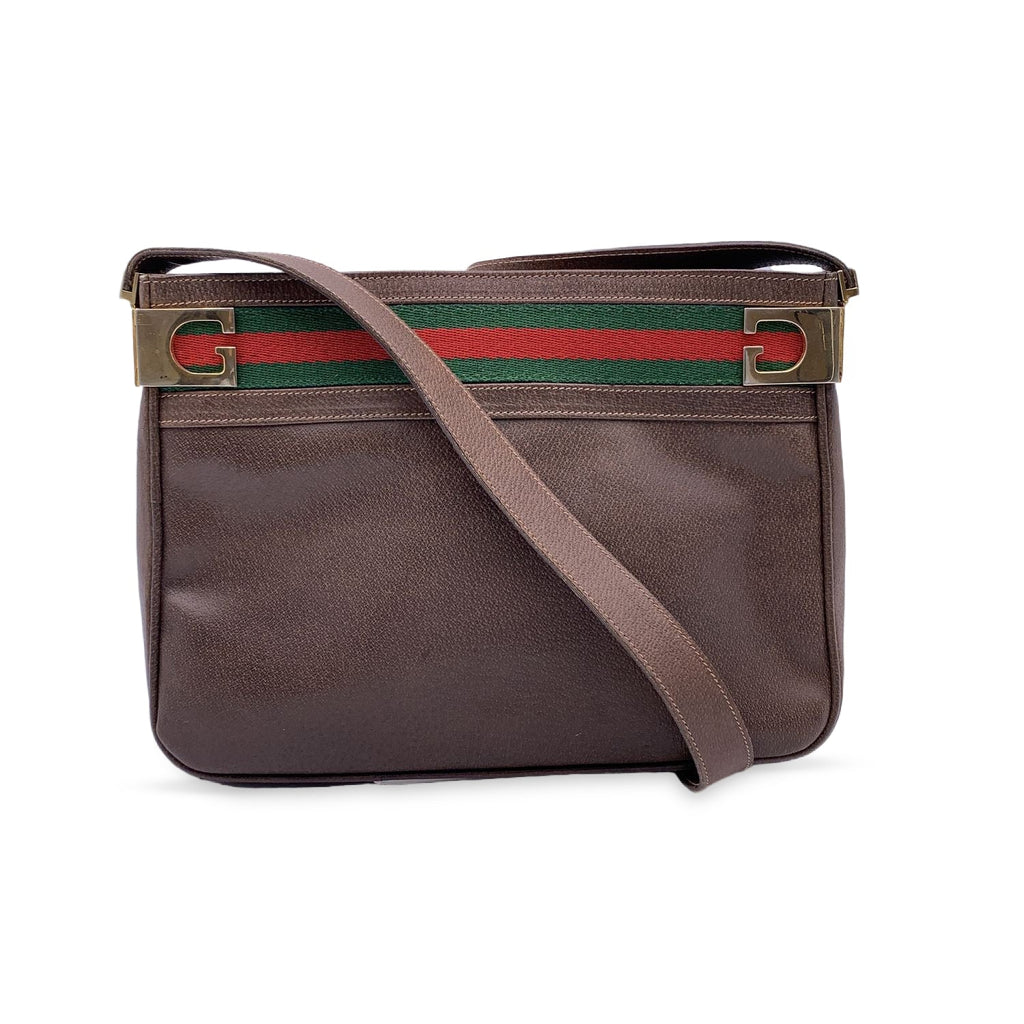 Gucci Vintage Brown Leather Bucket Web Stripes Shoulder Bag