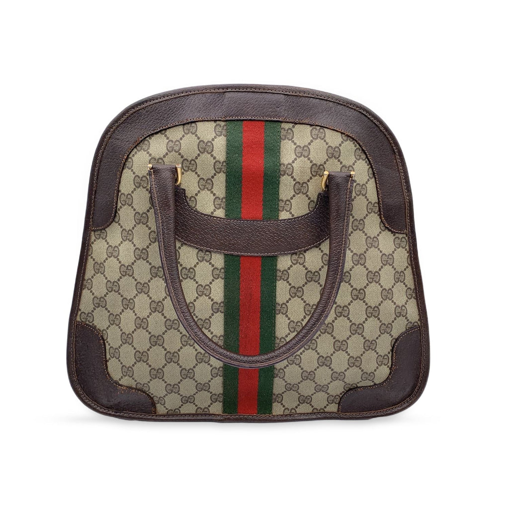 Gucci Vintage Brown Monogram Canvas Satchel Handbag with Stripes