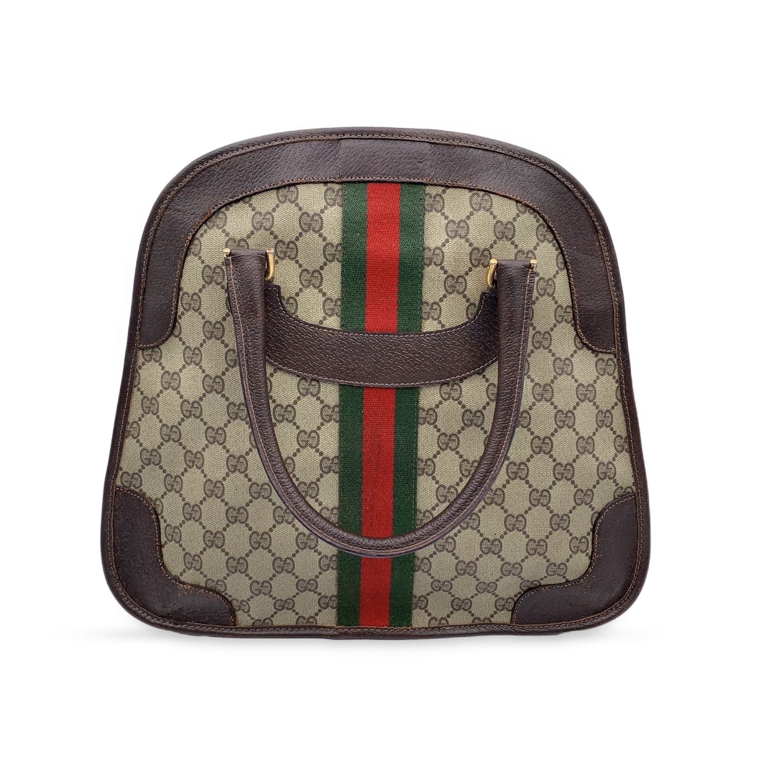 Gucci Vintage Brown Monogram Canvas Satchel Handbag with Stripes