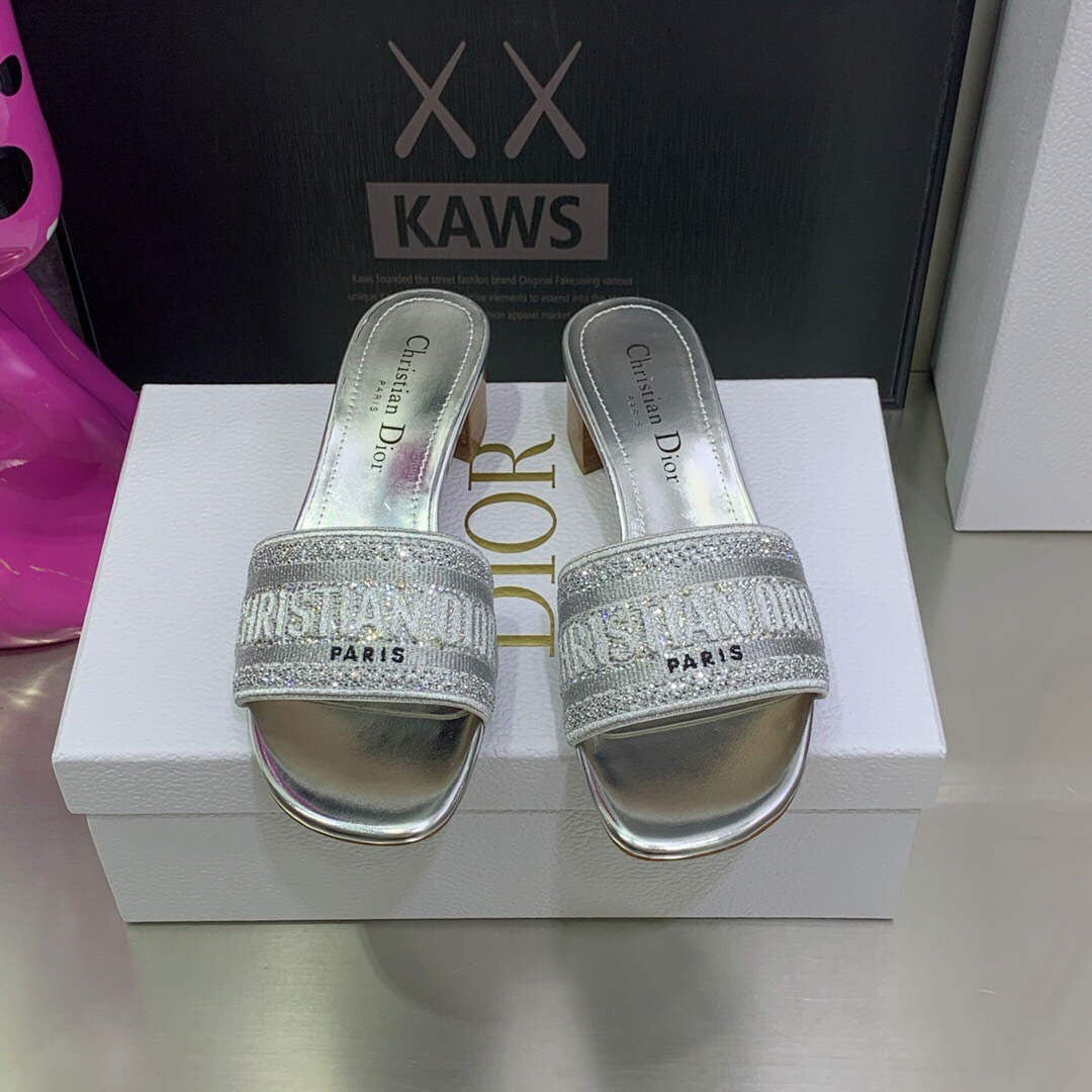 Dior Women’s Shoes Dway Heeled Slide Metallic Thread Strass