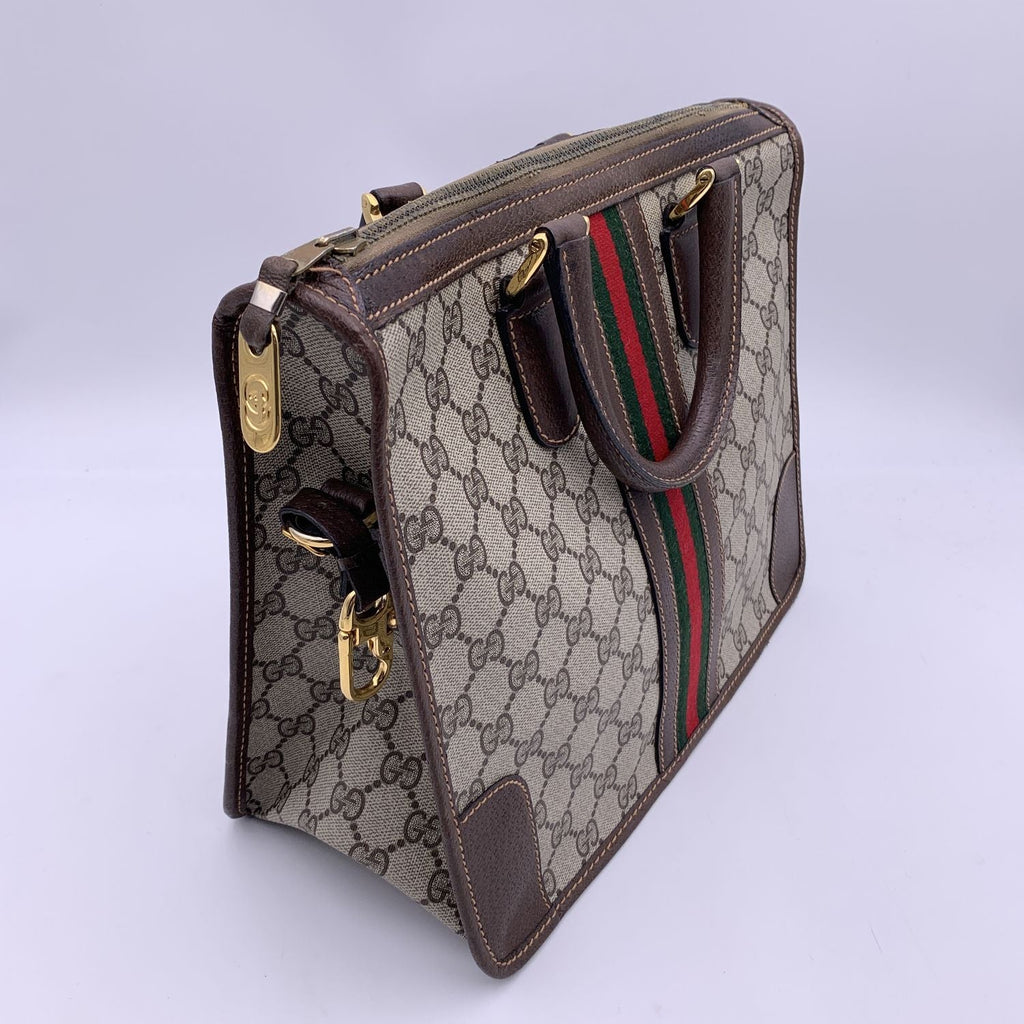 Gucci Vintage Brown Monogram Canvas Satchel Bag with Stripes