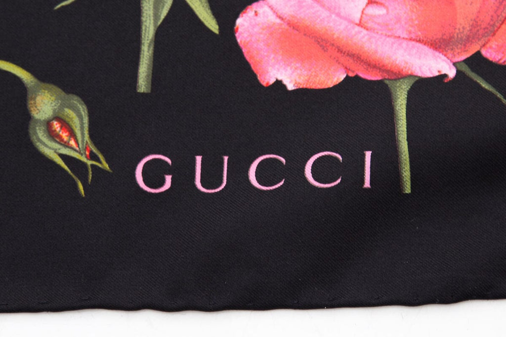 Gucci Rose Print Black Silk Scarf