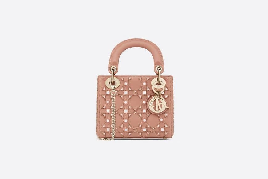 Mini Lady Dior Bag Rose Des Vents Calfskin with Cannage Embroidery in Threaded Pearls