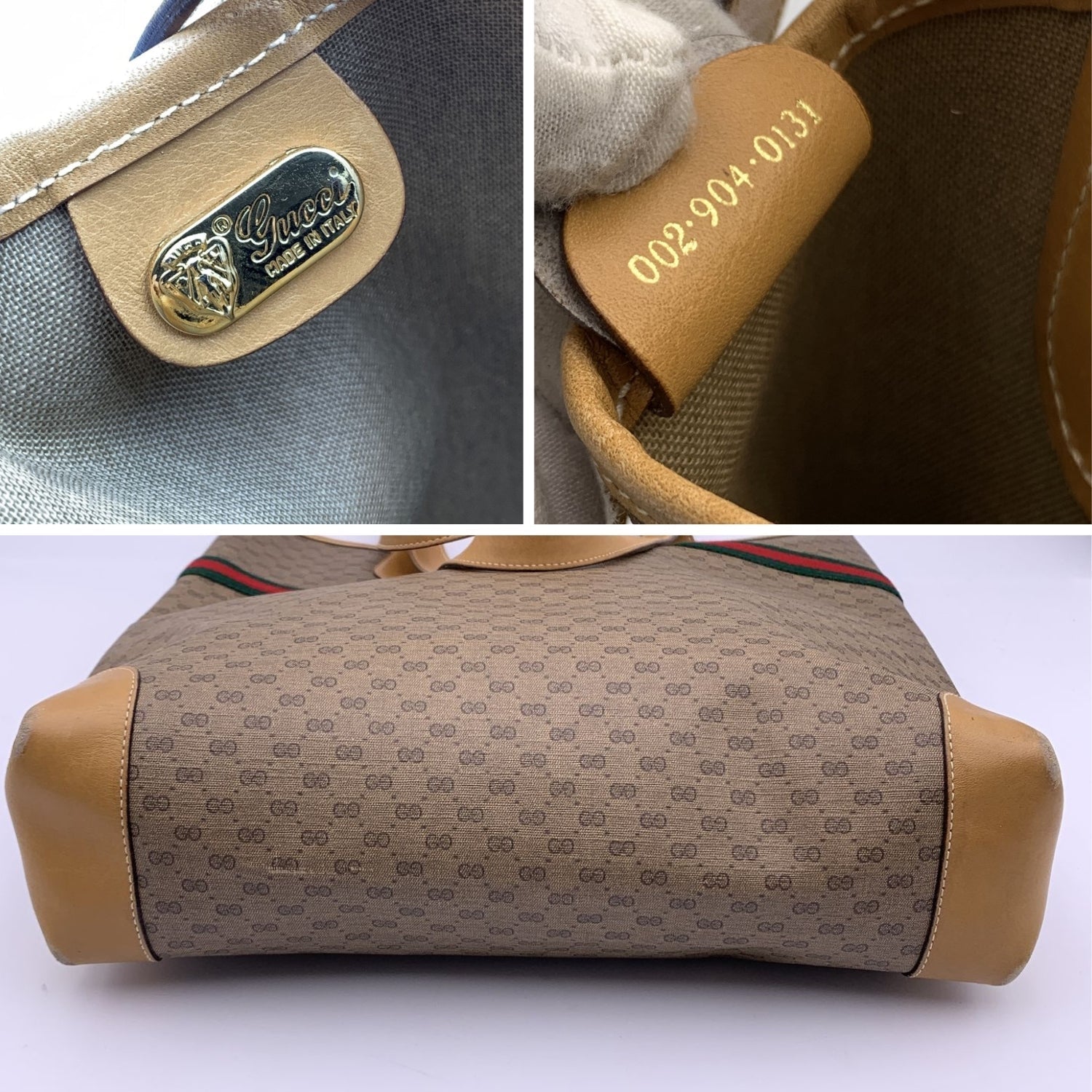 Gucci Vintage Beige GG Monogram Canvas Tote Shopping Bag Stripes