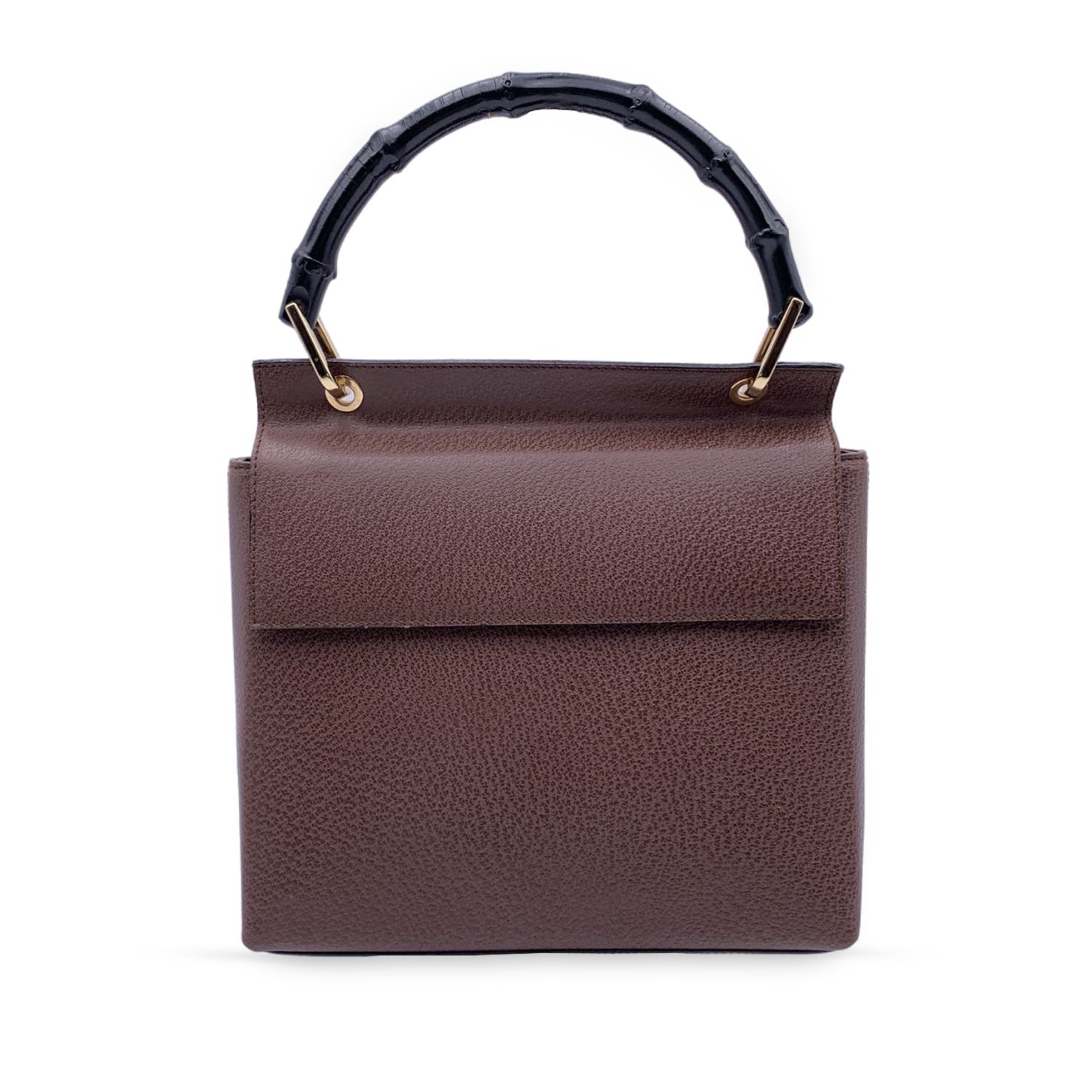 Gucci Vintage Brown Leather Bamboo Handle Small Box Handbag Bag