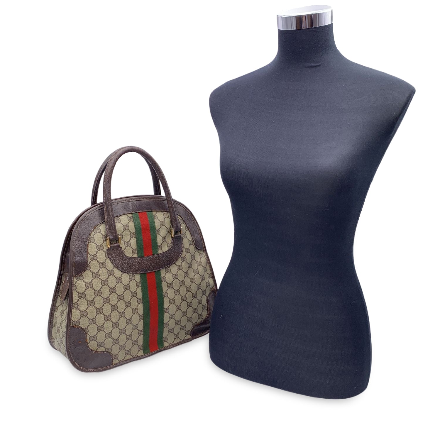 Gucci Vintage Brown Monogram Canvas Satchel Handbag with Stripes