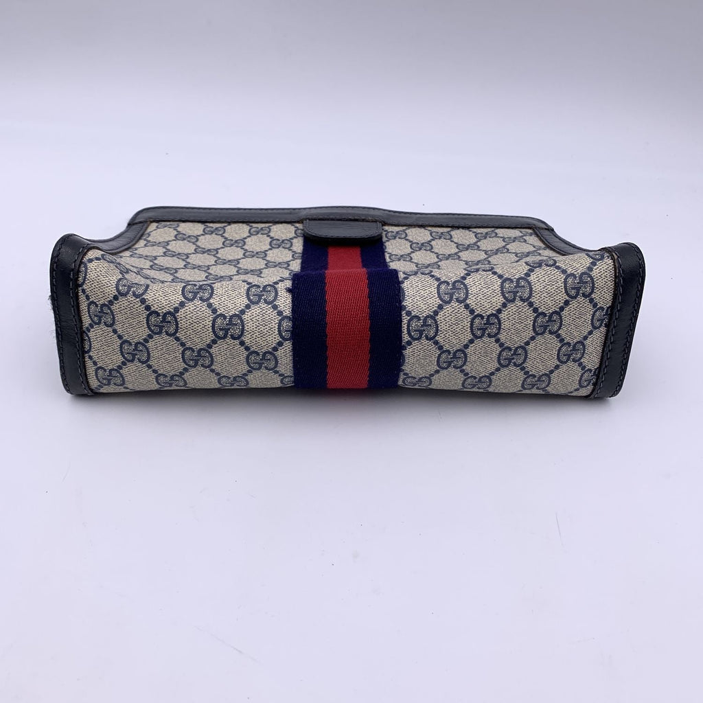 Gucci Vintage Blue Monogram Canvas Cosmetic Bag Clutch Stripes