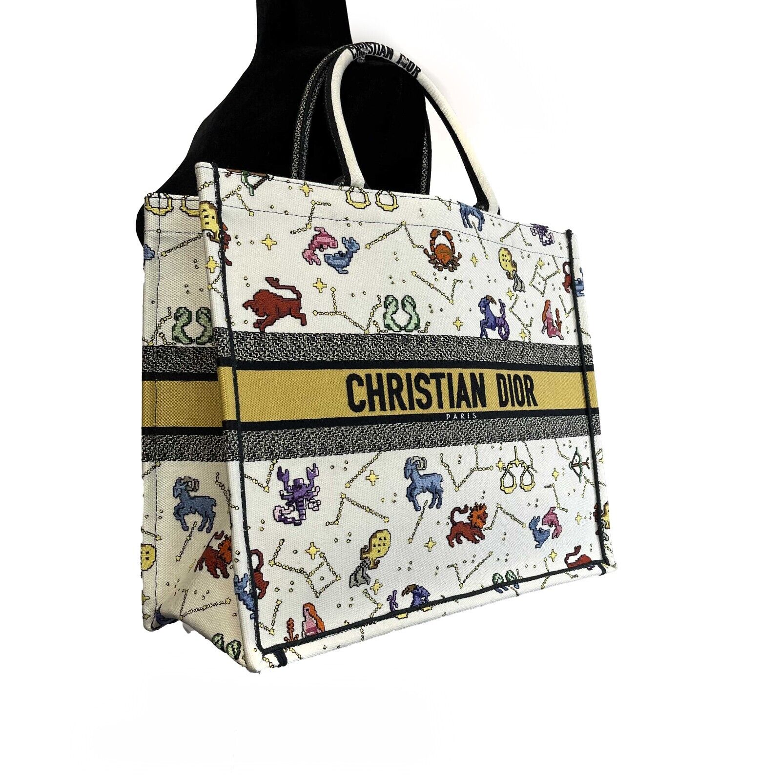 DIOR - NEW 2022 Large Pixel Zodiac Embroidered Canvas Book Tote