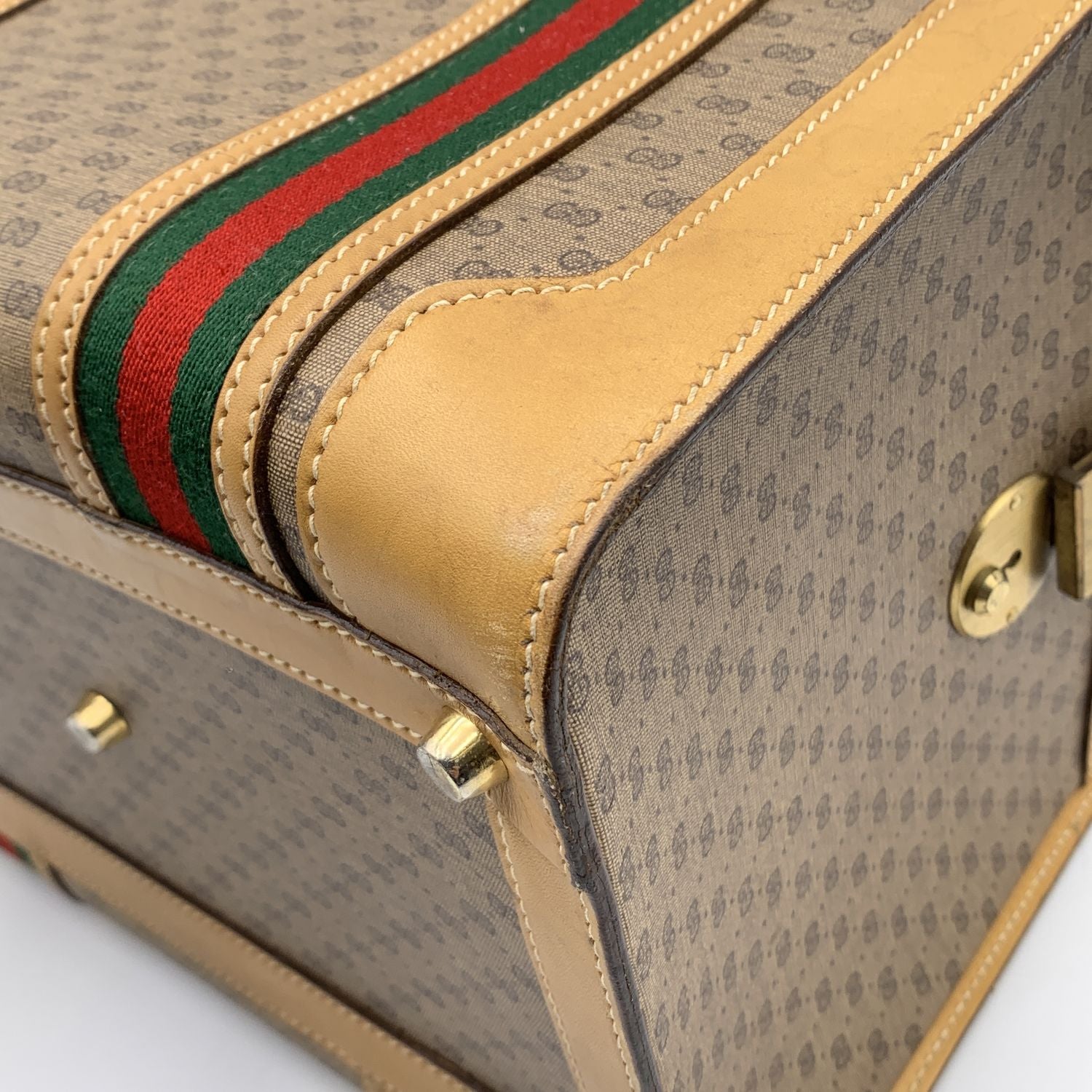 Gucci Vintage Beige Monogram Canvas Train Case Bag with Stripes