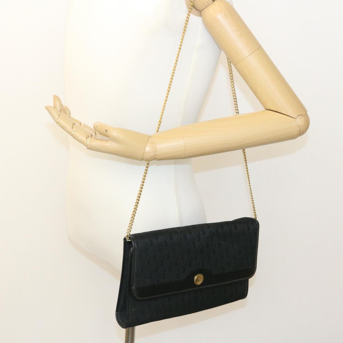 CHRISTIAN DIOR Trotter Canvas Chain Shoulder Bag Black Auth am1985g