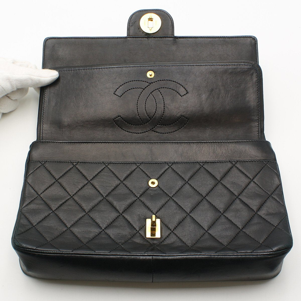 Chanel Vintage Double Flap Chain Shoulder Bag Black Lambskin