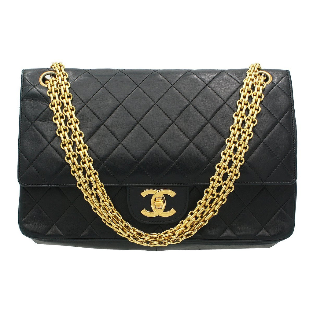 Chanel Vintage Double Flap Chain Shoulder Bag Black Lambskin