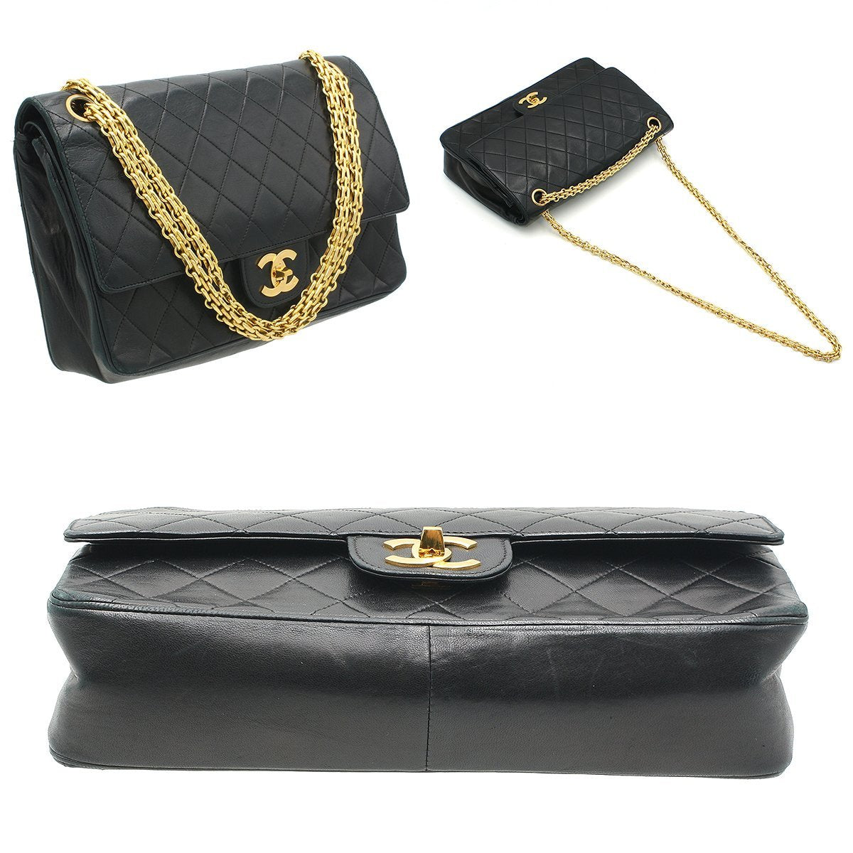 Chanel Vintage Double Flap Chain Shoulder Bag Black Lambskin