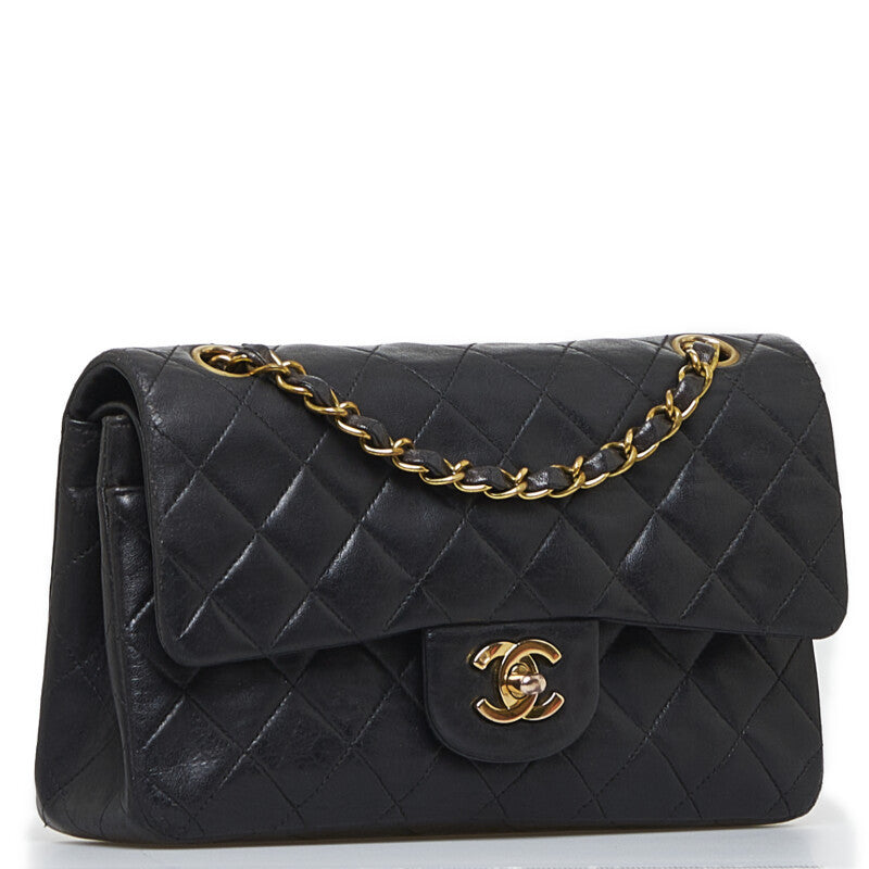 Chanel Vintage Classic Double Flap Shoulder Bag Small Black Lambskin