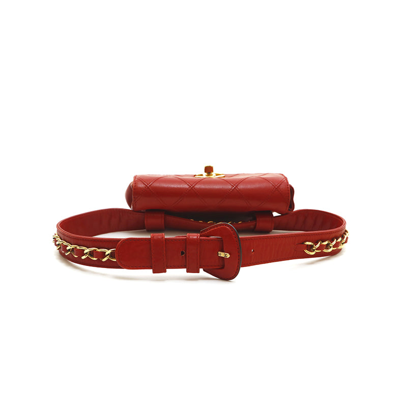 Chanel Belt Bag Bum Bag Lambskin Leather Red Vintage
