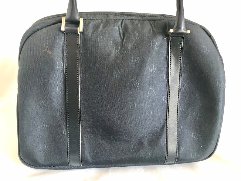 CHRISTIAN DIOR Vintage navy handbag with logo jacquard nylon and leather trimmings