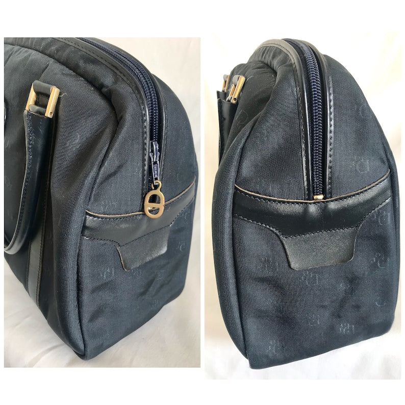 CHRISTIAN DIOR Vintage navy handbag with logo jacquard nylon and leather trimmings