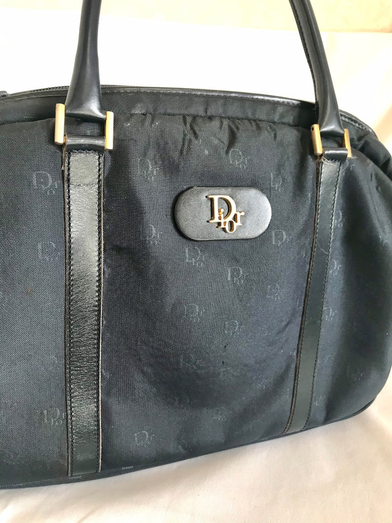 CHRISTIAN DIOR Vintage navy handbag with logo jacquard nylon and leather trimmings