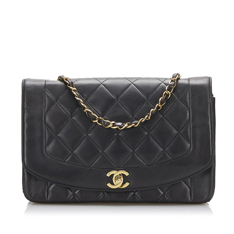 Chanel Diana Bag Classic Single Flap Bag Lambskin Leather Black Vintage Medium