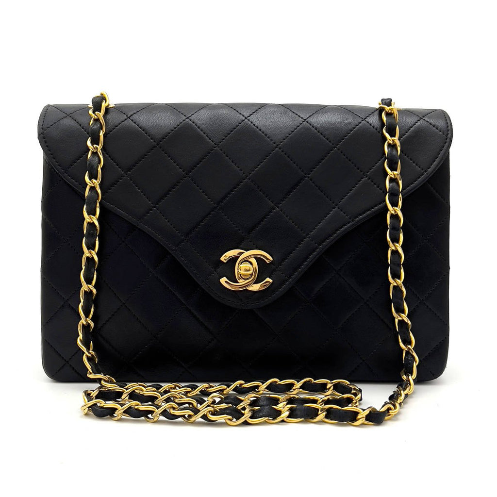 Chanel Shoulder Bag Flap Black Lambskin Leather Matrasse Vintage
