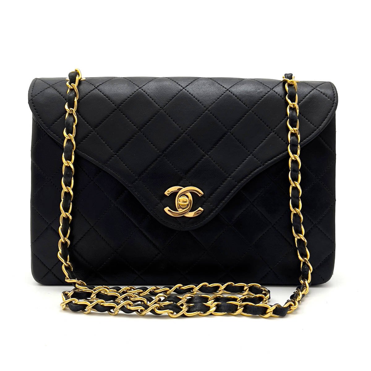 Chanel Shoulder Bag Flap Black Lambskin Leather Matrasse Vintage