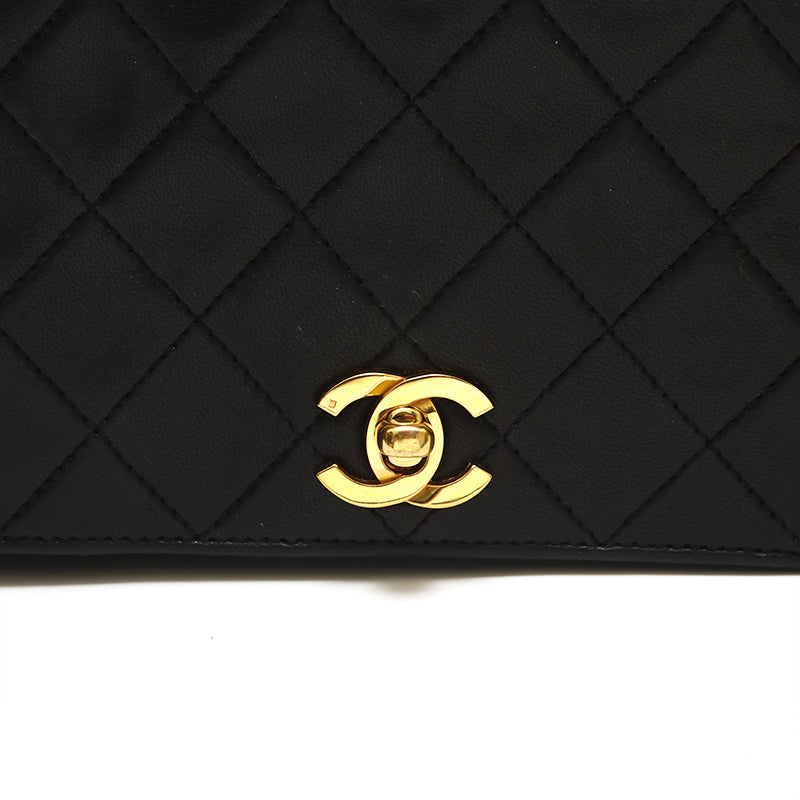 Chanel Shoulder Bag Flap Black Lambskin Leather Matrasse Vintage