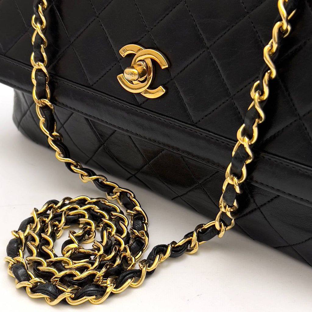 Chanel Shoulder Bag Single Flap Black Lambskin Leather Matrasse Vintage First Series