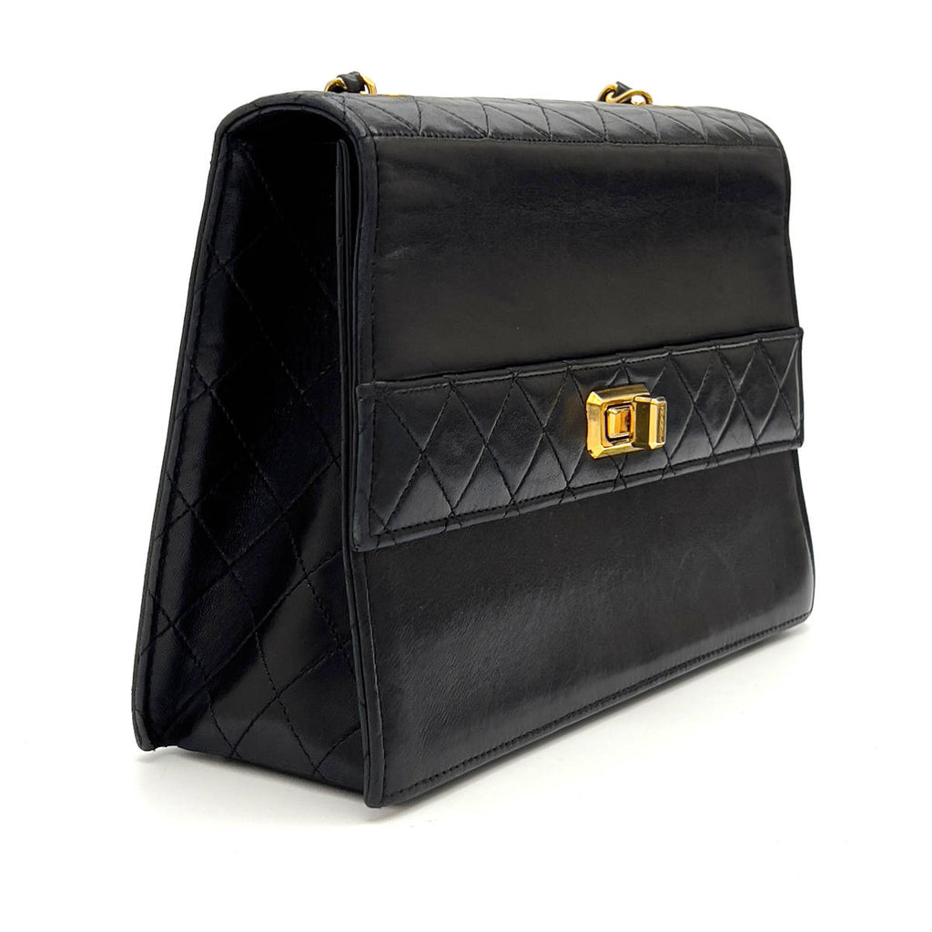 Chanel Shoulder Bag Trapezoidal Flap Black Lambskin Leather Matrasse Vintage First Series