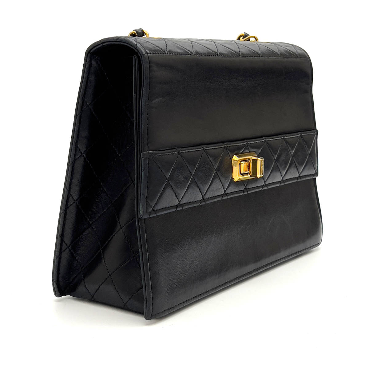 Chanel Shoulder Bag Trapezoidal Flap Black Lambskin Leather Matrasse Vintage First Series