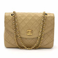 Chanel Shoulder Bag Flap Beige Lambskin Leather Matrasse Vintage