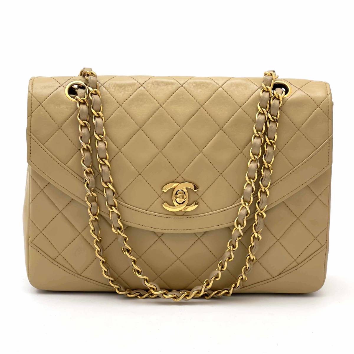 Chanel Shoulder Bag Flap Beige Lambskin Leather Matrasse Vintage