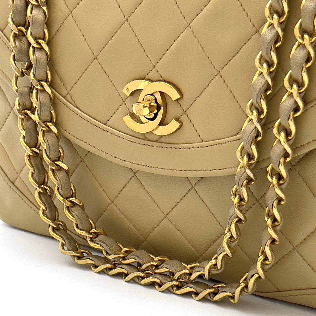 Chanel Shoulder Bag Flap Beige Lambskin Leather Matrasse Vintage