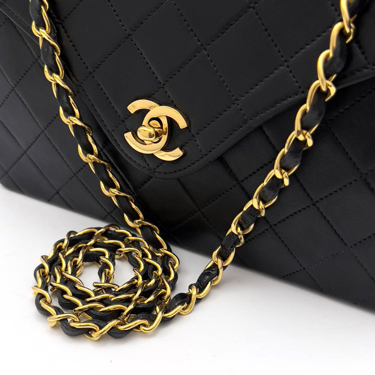 Chanel Shoulder Bag Flap Black Lambskin Leather Matrasse Vintage