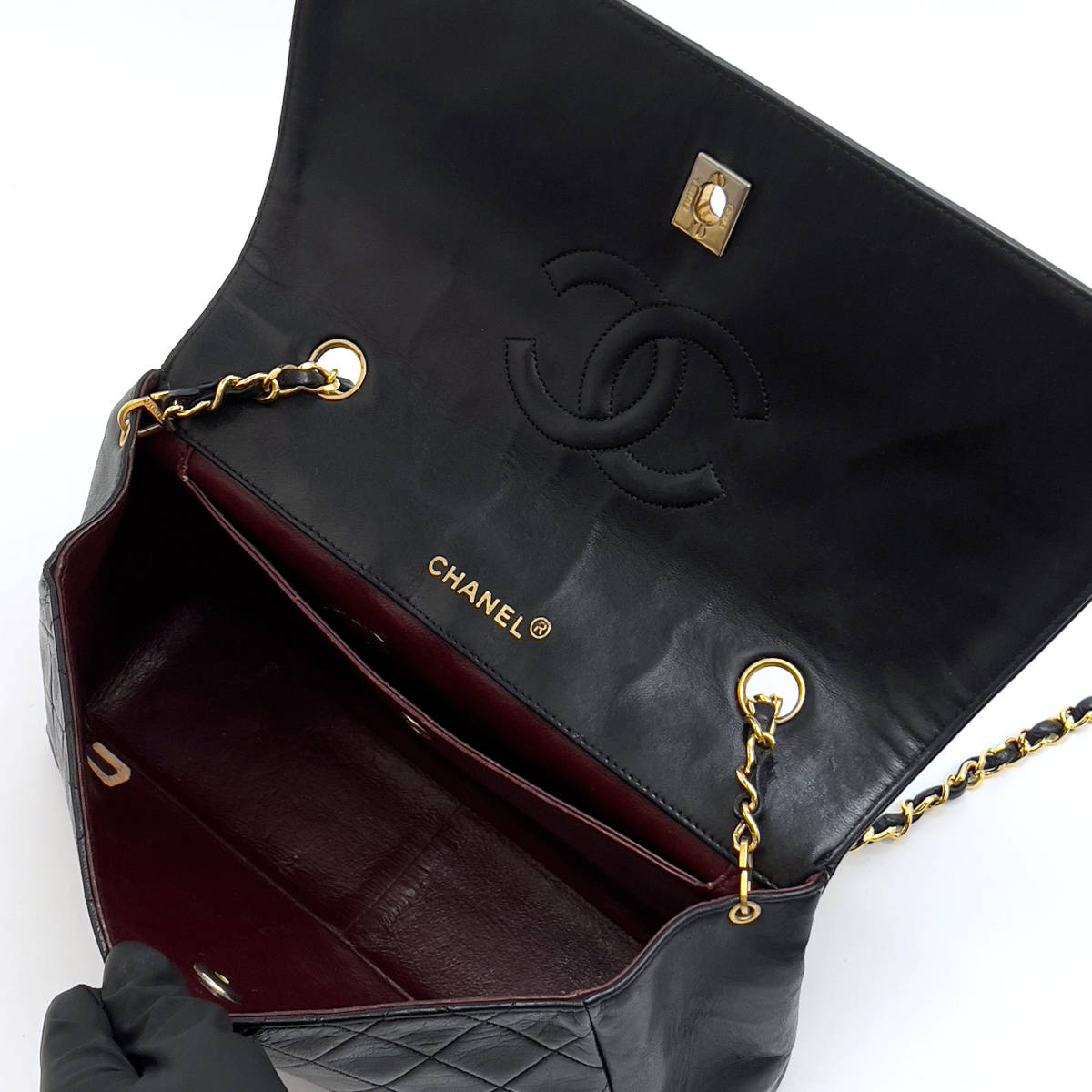 Chanel Shoulder Bag Single Flap Black Lambskin Leather Matrasse Vintage First Series