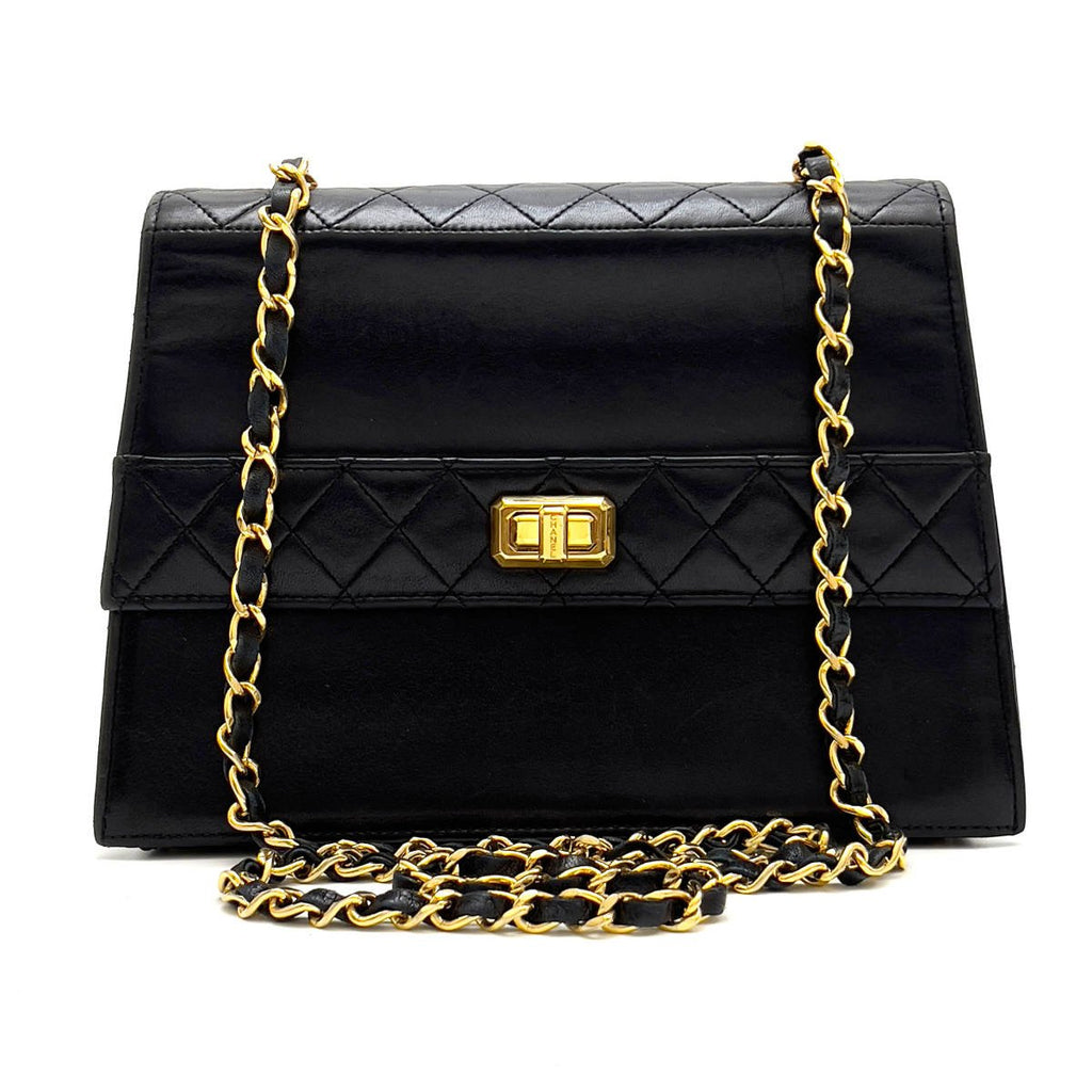 Chanel Shoulder Bag Trapezoidal Flap Black Lambskin Leather Matrasse Vintage First Series