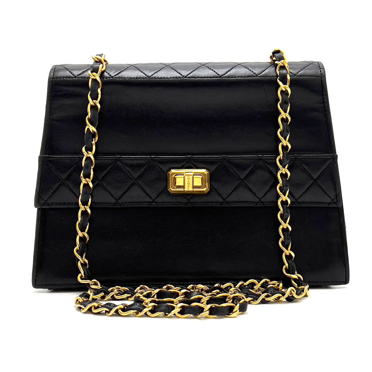 Chanel Shoulder Bag Trapezoidal Flap Black Lambskin Leather Matrasse Vintage First Series