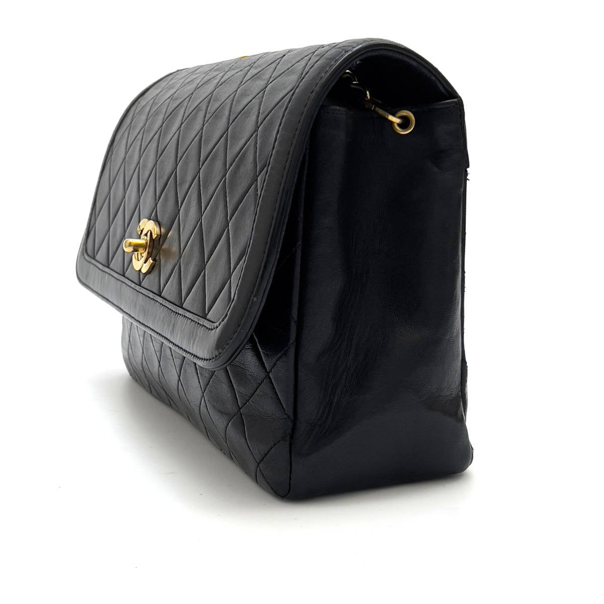 Chanel Shoulder Bag Single Flap Black Lambskin Leather Matrasse Vintage First Series